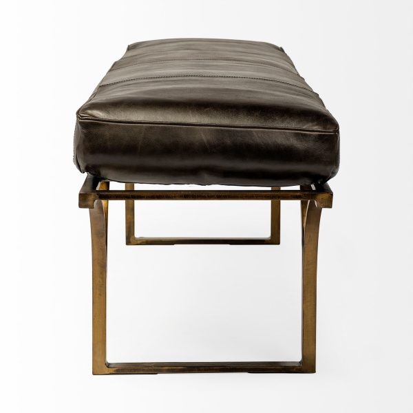 16" Black And Antiqued Brass Upholstered Genuine Leather Bench - Image 3