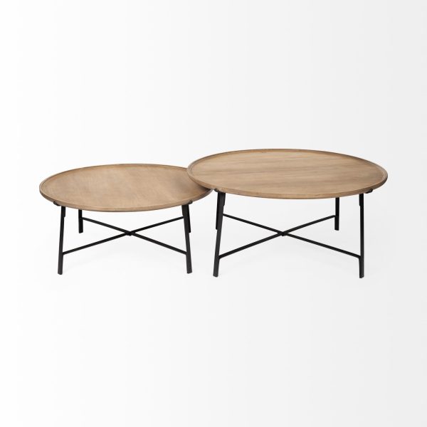 Set of Two 41" Brown And Black Solid Wood And Iron Round Nested Coffee Tables - Image 3