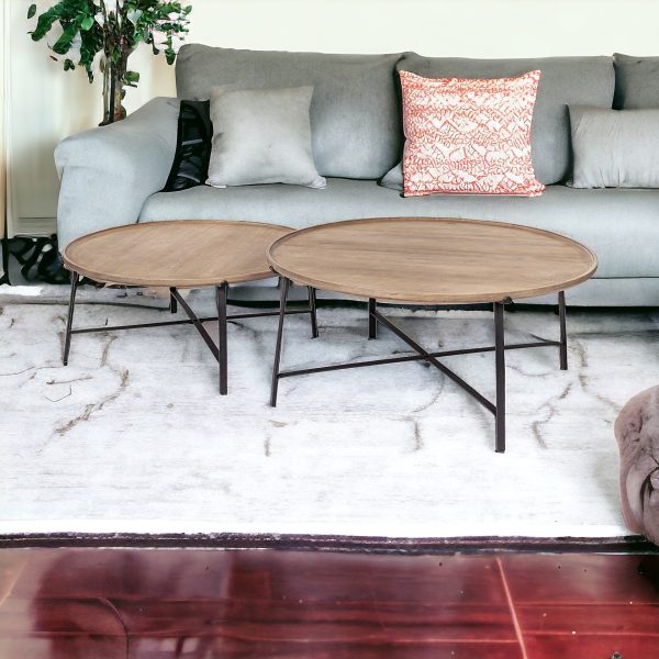 Set of Two 41" Brown And Black Solid Wood And Iron Round Nested Coffee Tables - Image 2