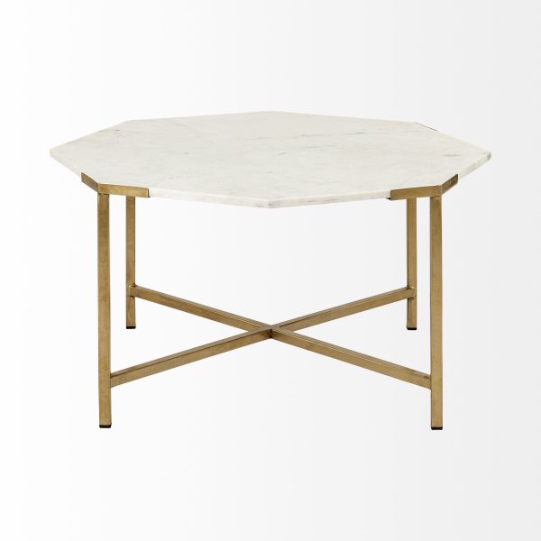 33" White and Gold Genuine Marble and Metal Octagon Coffee Table - Image 3