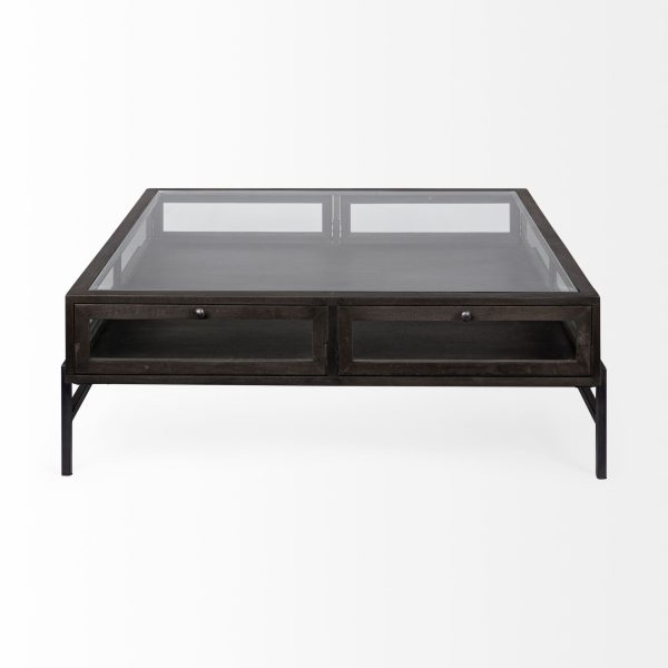 42" Brown and Black Glass and Metal Square Coffee Table With Two Drawers - Image 3