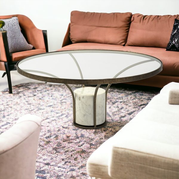 36" Clear And White and Gold Glass And Stone Round Coffee Table - Image 2