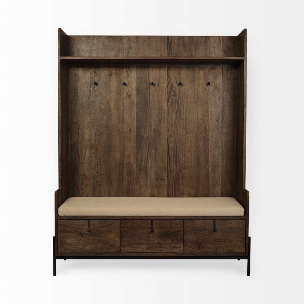 Brown Wood Cream Fabric Wrapped Seat Hall Tree With Storage - Image 2