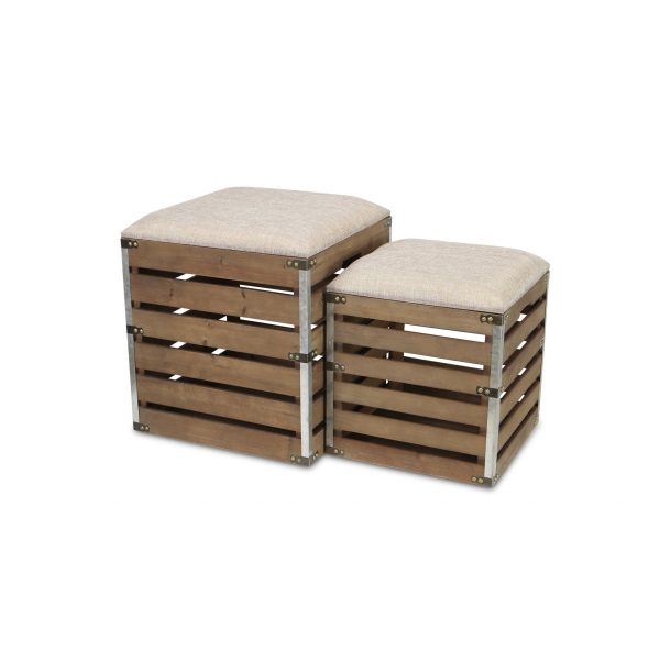Set Of 2 Square Brown Linen Fabric And Wood Slats Storage Benches - Image 3