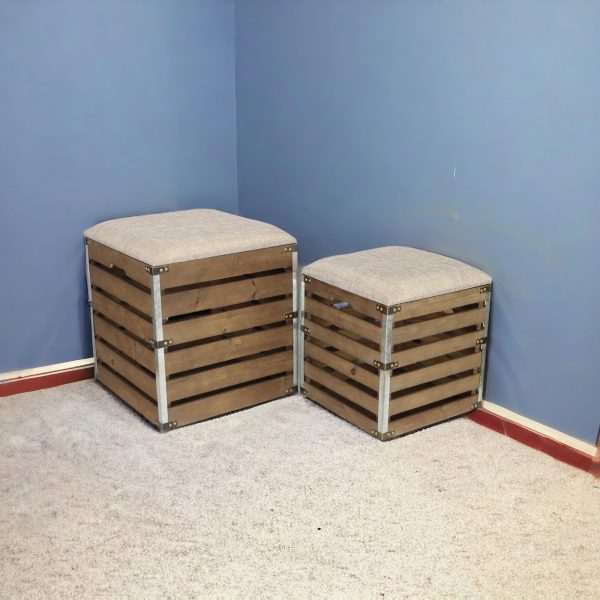 Set Of 2 Square Brown Linen Fabric And Wood Slats Storage Benches - Image 2