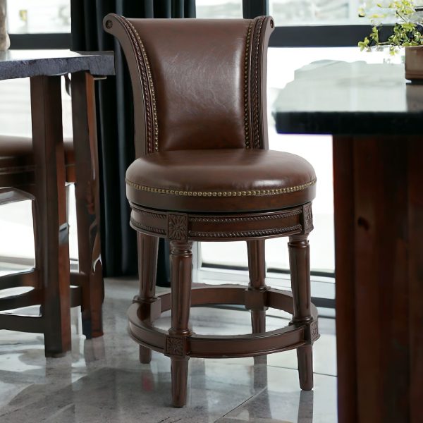 25" Dark Brown Faux Leather And Solid Wood Swivel Counter Height Bar Chair - Image 2