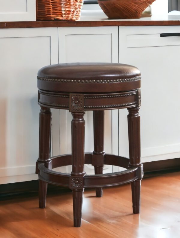 26" Dark Brown and Brown Faux Leather Backless Counter Height Swivel Bar Chair - Image 2