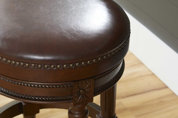 31" Wood Brown Faux Leather And Solid Wood Swivel Backless Counter Height Bar Chair - Image 4