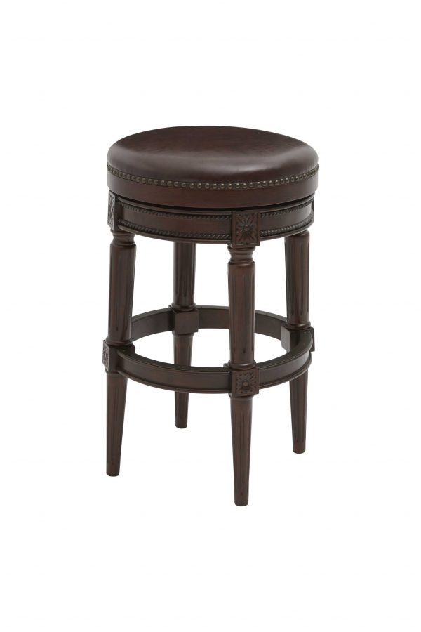 31" Wood Brown Faux Leather And Solid Wood Swivel Backless Counter Height Bar Chair - Image 3