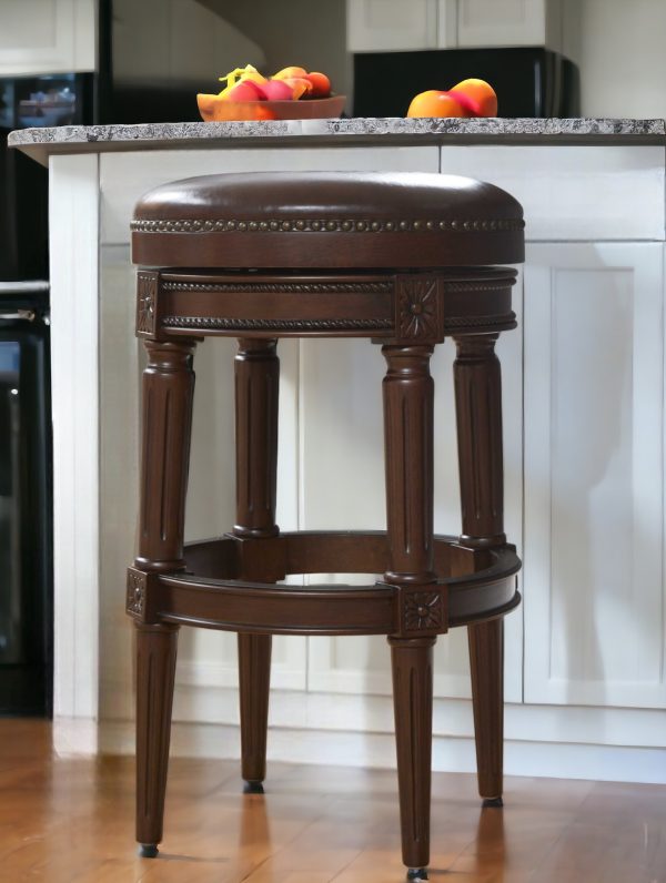 31" Wood Brown Faux Leather And Solid Wood Swivel Backless Counter Height Bar Chair - Image 2