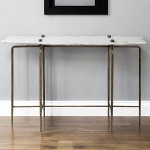 49" White and Brass Genuine Marble and Iron Distressed Six Leg Console Table