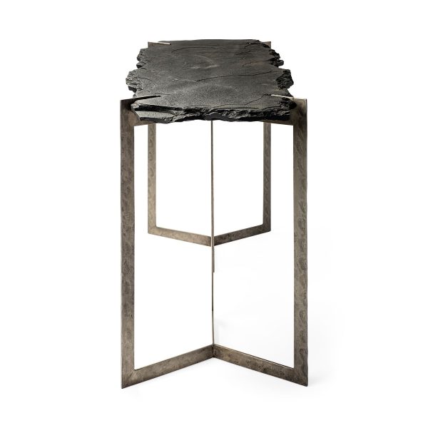 50" Black and Nickel Slate and Iron Distressed Double Pedestal Console Table - Image 3