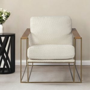 34" Cream and Gold Linen Lounge Chair