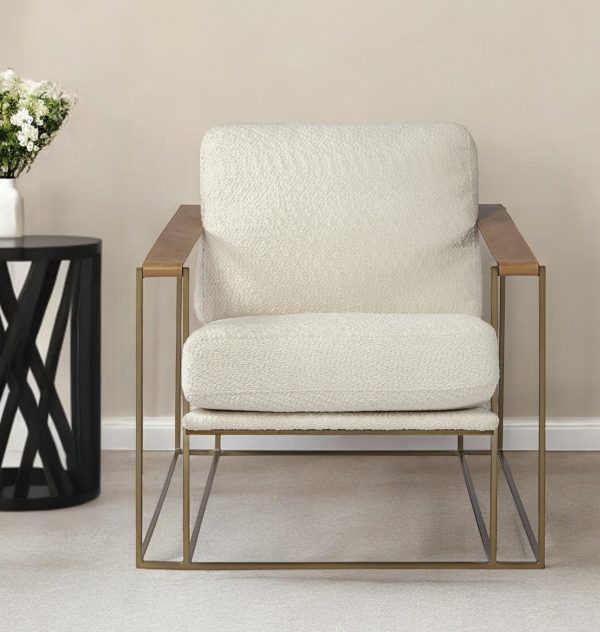 34" Cream and Gold Linen Lounge Chair