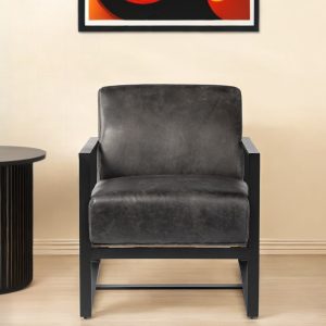 32" Black Genuine Leather Distressed Arm Chair