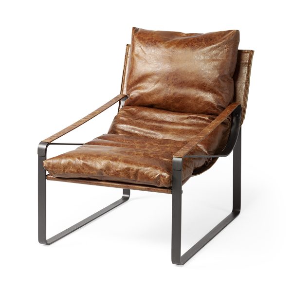 35" Brown and Black Leather Distressed Lounge Chair - Image 2