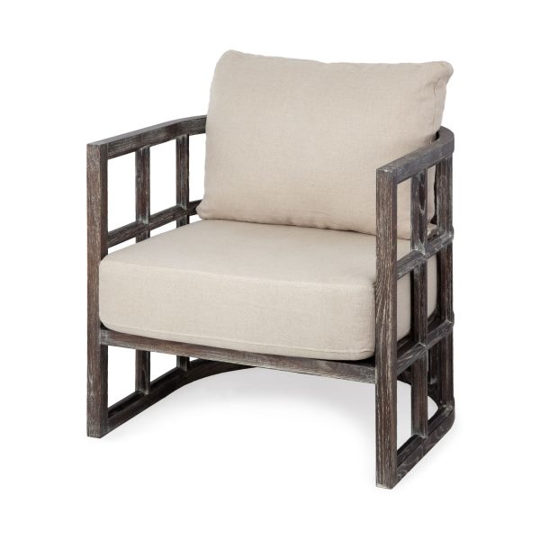 30" Cream And Brown Fabric Distressed Barrel Chair - Image 3
