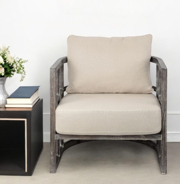 30" Cream And Brown Fabric Distressed Barrel Chair - Image 2