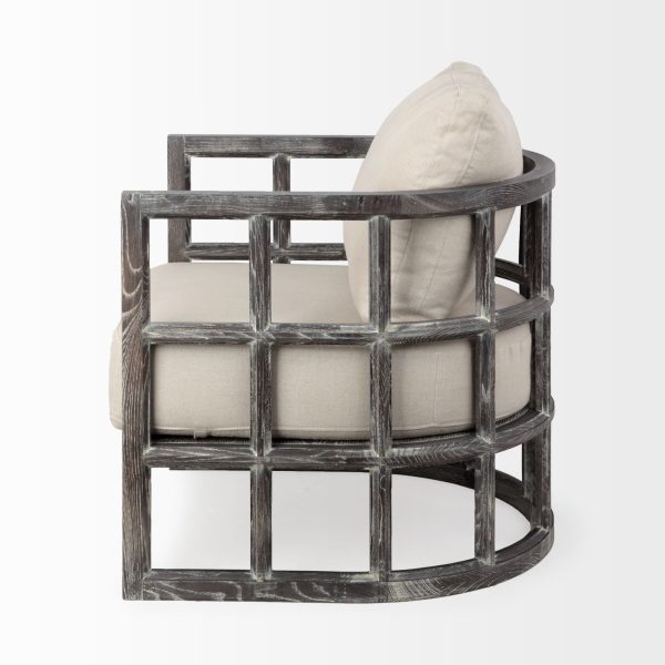 30" Cream And Brown Fabric Distressed Barrel Chair - Image 4