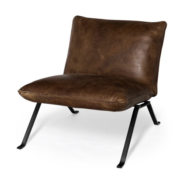 34" Brown and Black Top Grain Leather Distressed Slipper Chair - Image 2