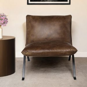 34" Brown and Black Top Grain Leather Distressed Slipper Chair