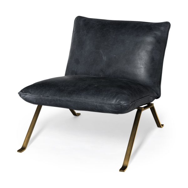 34" Black and Brass Top Grain Leather Distressed Slipper Chair - Image 2