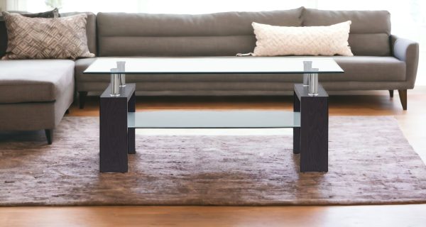 43" Clear And Dark Brown Glass Coffee Table With Shelf - Image 3