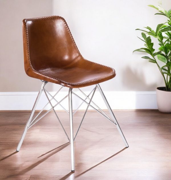 19" Brown and Silver Faux Leather Side Chair - Image 2