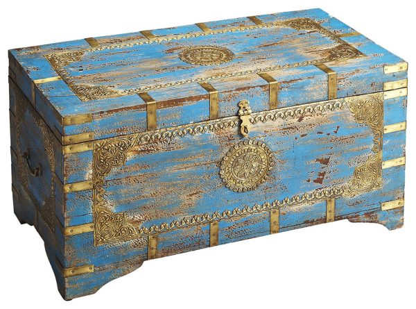 32" Brown and Blue Wood Distressed Coffee Table - Image 2