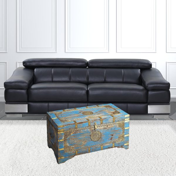 32" Brown and Blue Wood Distressed Coffee Table - Image 3