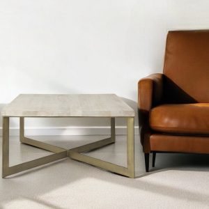 34" Beige Wood and Metal Square Coffee Table