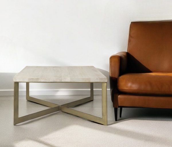 34" Beige Wood and Metal Square Coffee Table