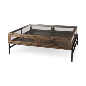42" Dark Brown Glass and Metal Square Coffee Table With Shelf