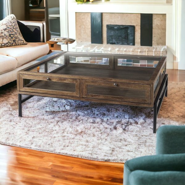 42" Dark Brown Glass and Metal Square Coffee Table With Shelf - Image 2