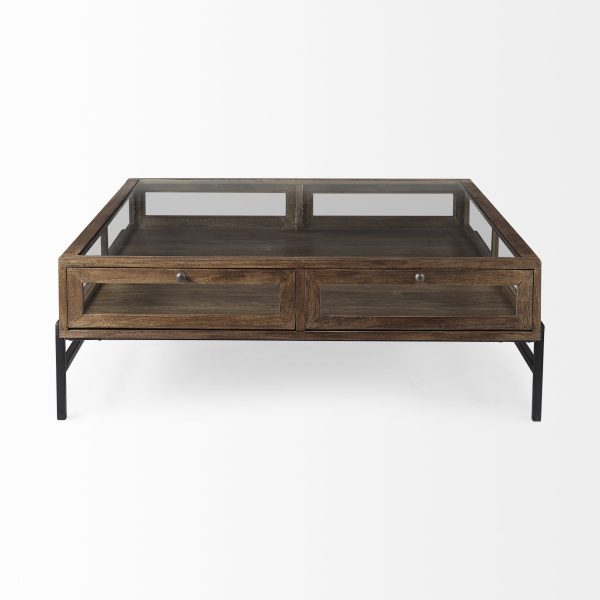 42" Dark Brown Glass and Metal Square Coffee Table With Shelf - Image 3