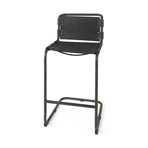30" Black and Gray Leather and Iron Bar Height Bar Chair - Image 2