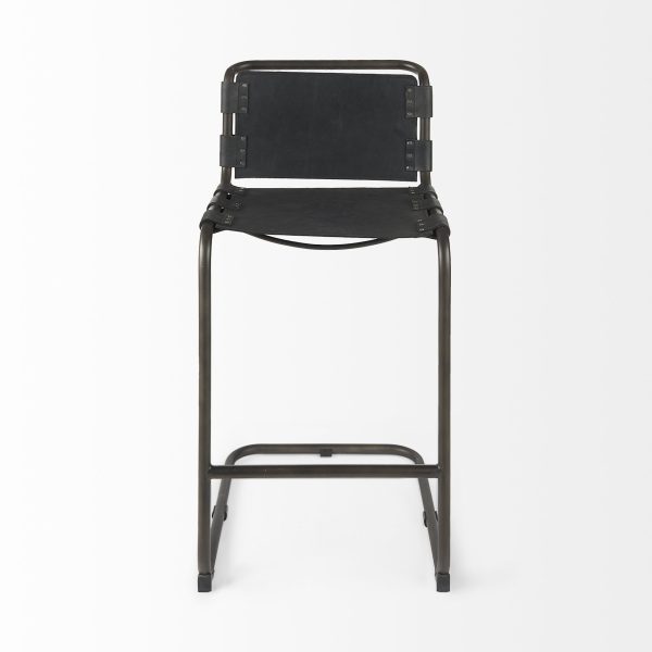 30" Black and Gray Leather and Iron Bar Height Bar Chair - Image 3