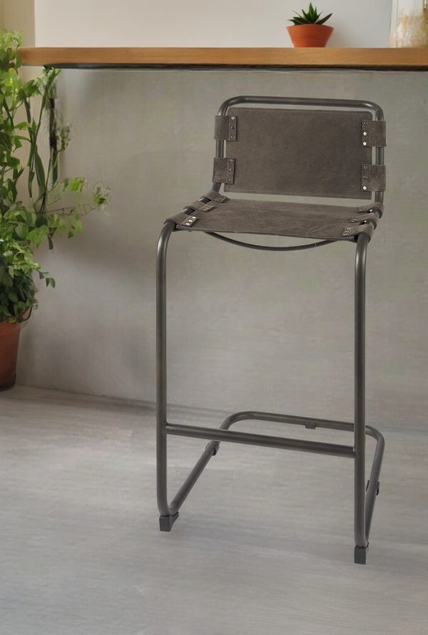 30" Brown And Black Leather And Iron Bar Chair - Image 2