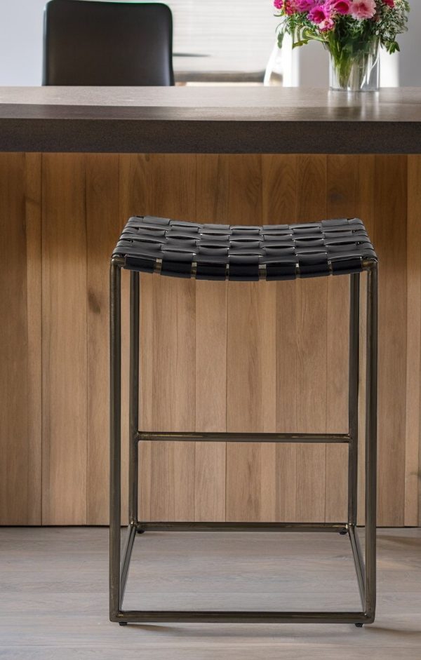 29" Bronze Leather and Metal Backless Bar Chair - Image 2