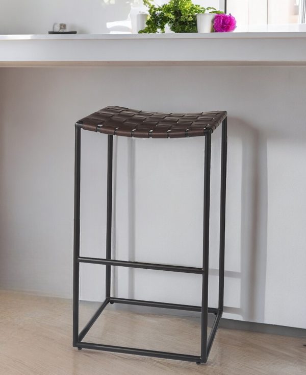 30" Brown And Black Leather And Iron Backless Bar Height Bar Chair - Image 2