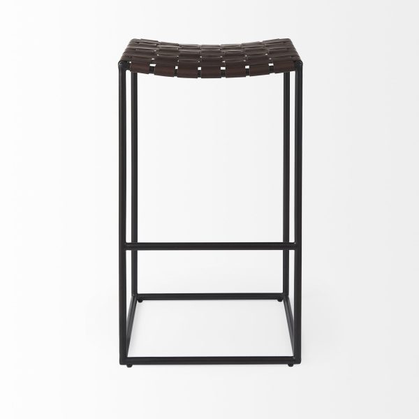 30" Brown And Black Leather And Iron Backless Bar Height Bar Chair - Image 3