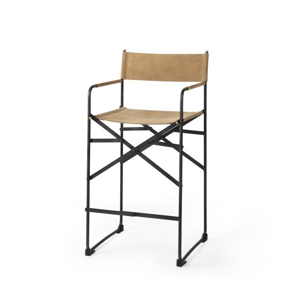 27" Brown And Black Leather And Metal Bar Chair