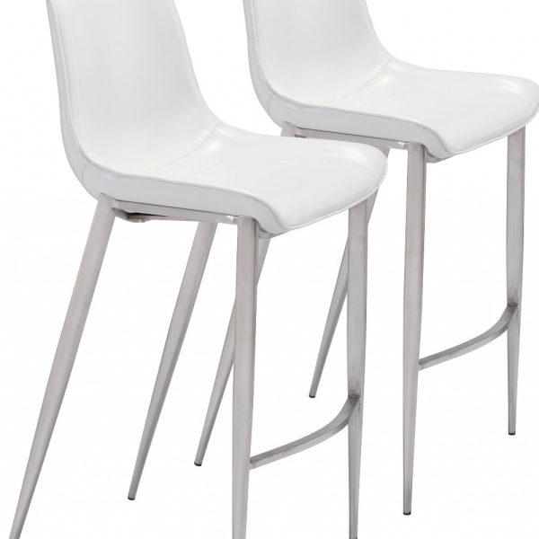 Set of Two 30" White And Silver Steel Low Back Bar Height Bar Chairs - Image 3