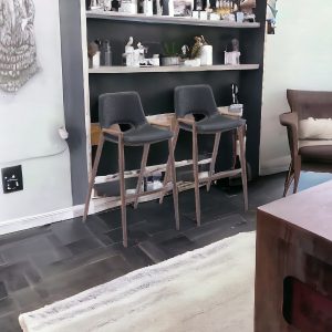 Set of Two 29 " Black And Brown Steel Low Back Bar Height Bar Chairs