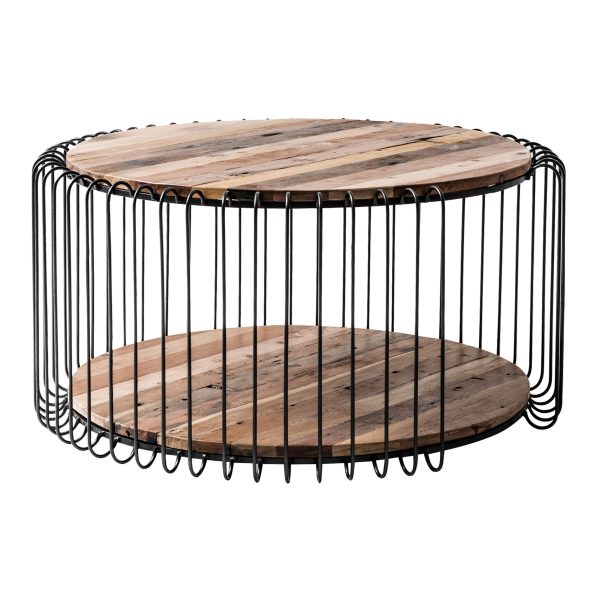 32" Natural And Black Solid Wood And Steel Round Coffee Table With Shelf - Image 3