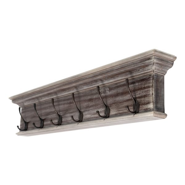 39" Rustic Brown Gray Wash Wood Six Hook Hanging Coat Rack - Image 3