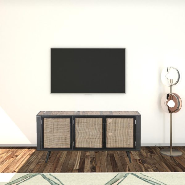 Rustic Black Natural and Rattan Media Cabinet with Three Doors - Image 2