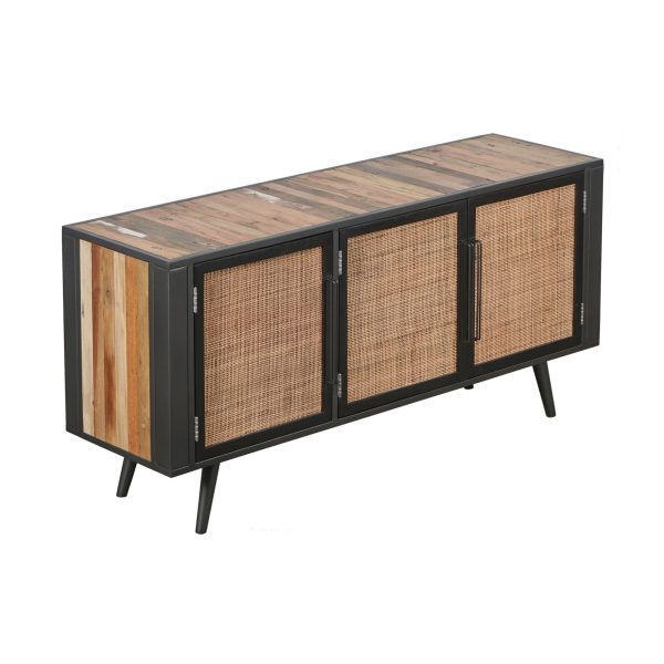 Rustic Black Natural and Rattan Media Cabinet with Three Doors - Image 3