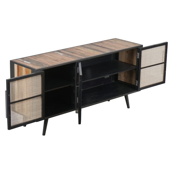 Rustic Black Natural and Rattan Media Cabinet with Three Doors - Image 4