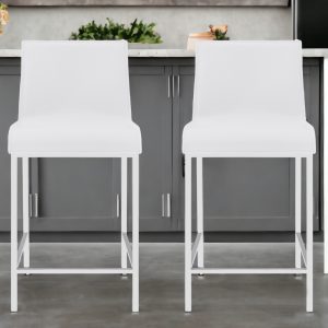 Set of Two 24" White And Silver Steel Low Back Counter Height Bar Chairs